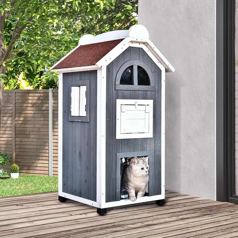 Casetta per gatti 59x55x109 cm a due piani con tetto in asfalto in legno grigio