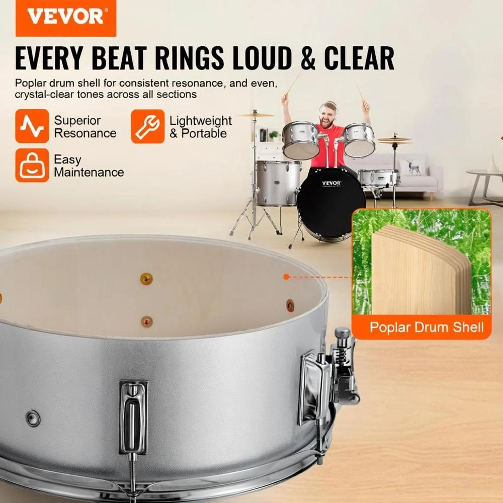 Kit Batteria Bambini Principianti 5 Pezzi Basso Tom Rullante Trono Piatto Pedale Hi-Hat Bacchette 558.8 mm Argento