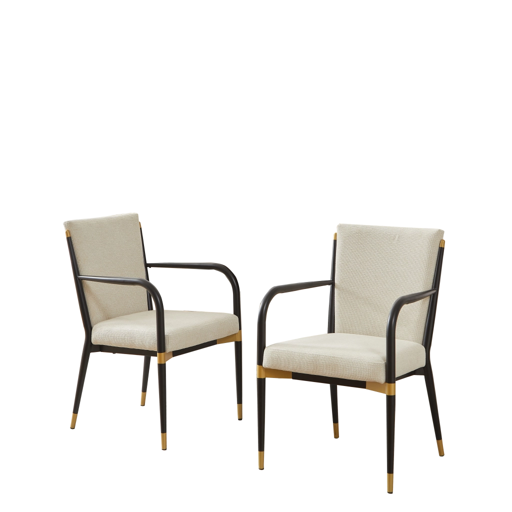 Sedie da sala da pranzo set di 2 con braccioli e piedini regolabili, in tessuto beige con dettagli oro