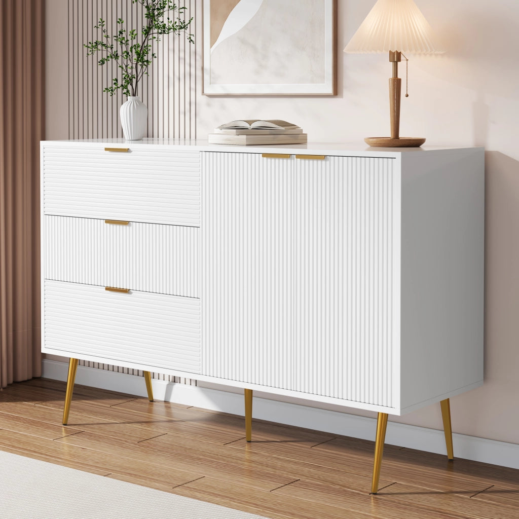Credenza e madia con 2 ante, 3 cassetti e ripiani interni, stile moderno, in MDF, bianco e oro, 120 × 38 × 80.5 cm