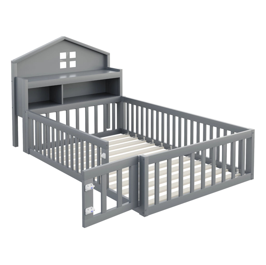 Letto per bambini 90x200 cm a casetta con protezione, ripiani e lavagna grigio