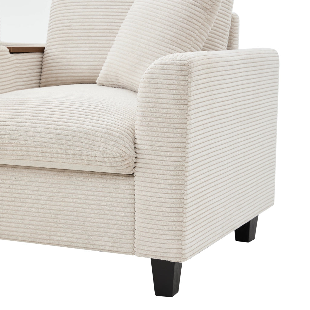 Divano modulare angolare 4 posti con pouf contenitore e USB in tessuto a coste beige