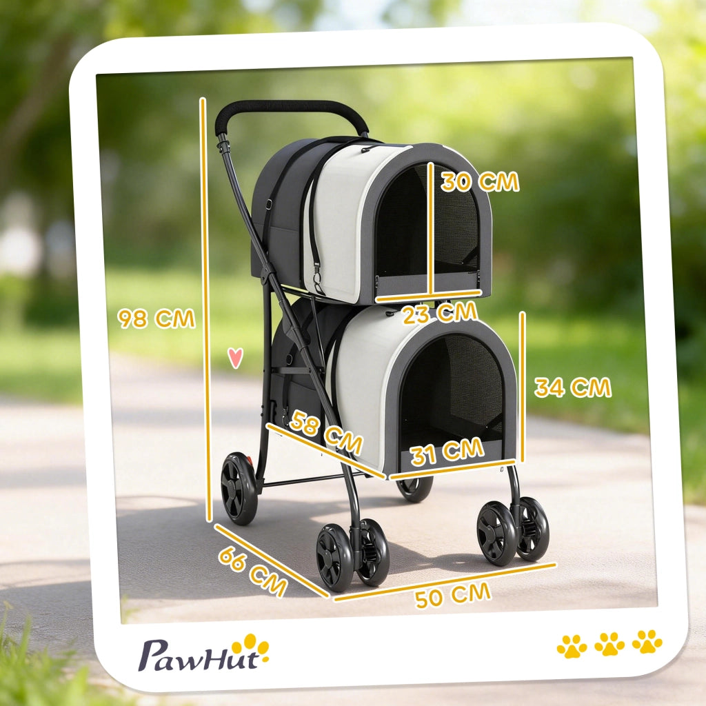 Passeggino Doppio per Cani e Gatti Pieghevole ¨C Xylo ¨C 2 Trasportini Rimovibili 66x50x98cm Grigio Scuro