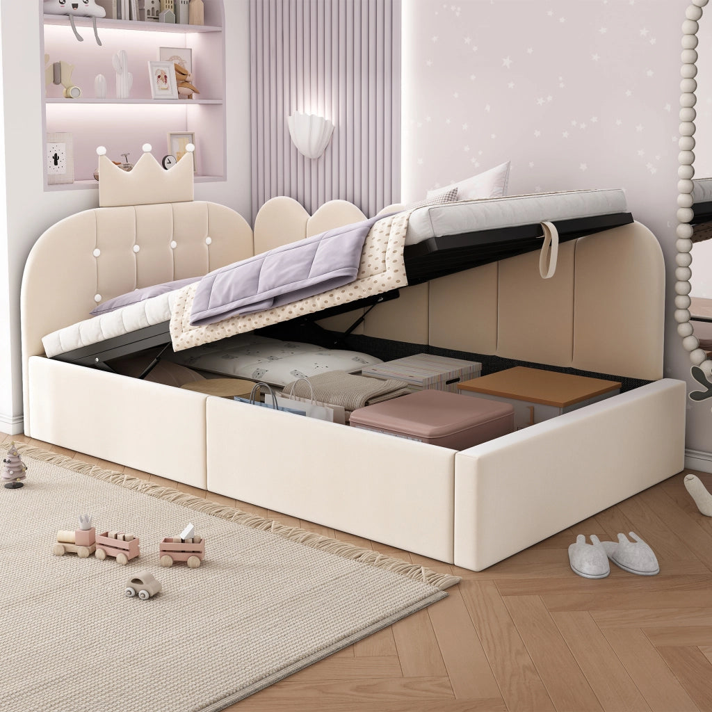 Letto contenitore 90 × 200 cm daybed a L con testiera imbottita in velluto e rete idraulica beige