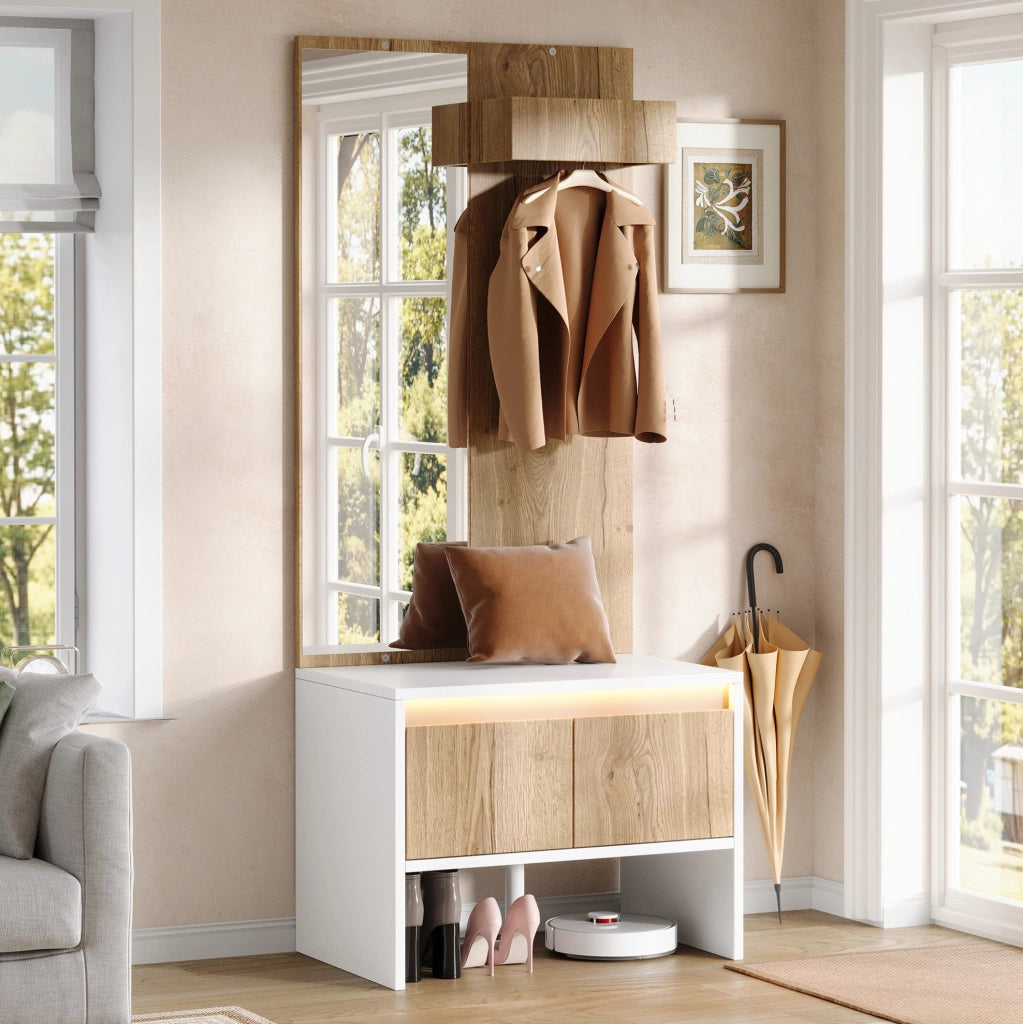 Set guardaroba con appendiabiti, specchio, panca porta scarpe e 2 cassetti, bianco e naturale, 60×38×145 cm