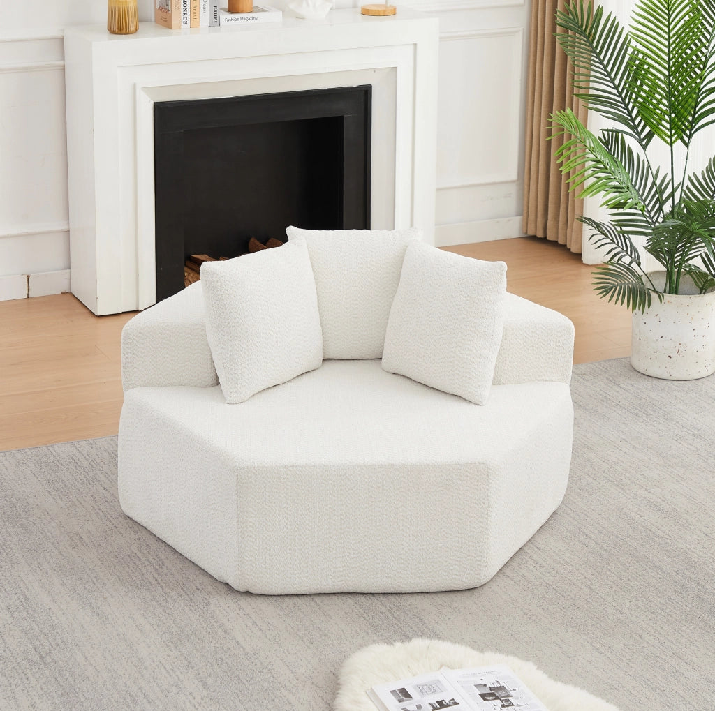 Poltrona lounge modulare esagonale in chenille beige con 3 cuscini