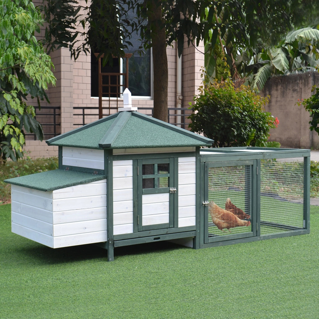 Pollaio da Giardino in Legno con Rampa e Vassoio, 196x76x97cm, Bianco e Verde