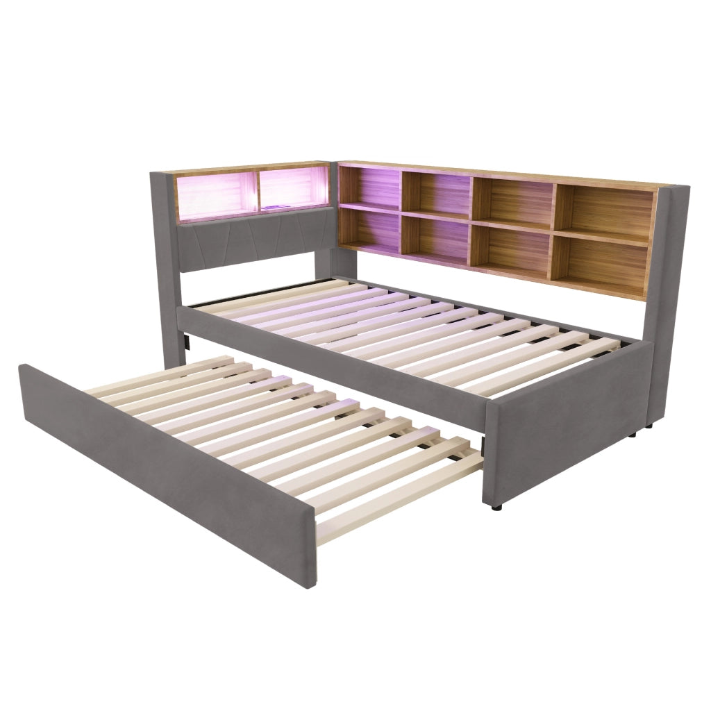 Divano letto 90x200 cm con letto estraibile; LED e prese in flanella grigio scuro
