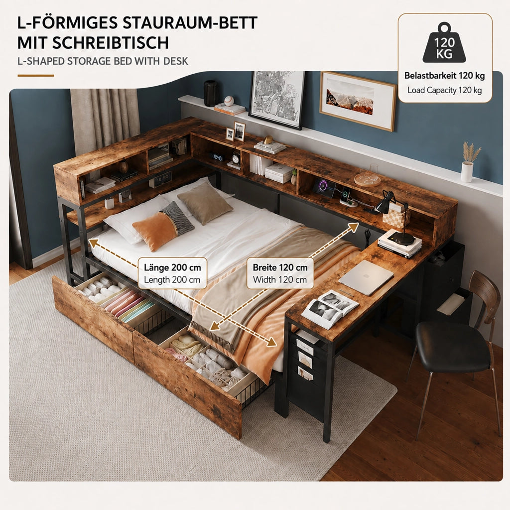 letto metallo legno nero naturale 120 x 200 cm