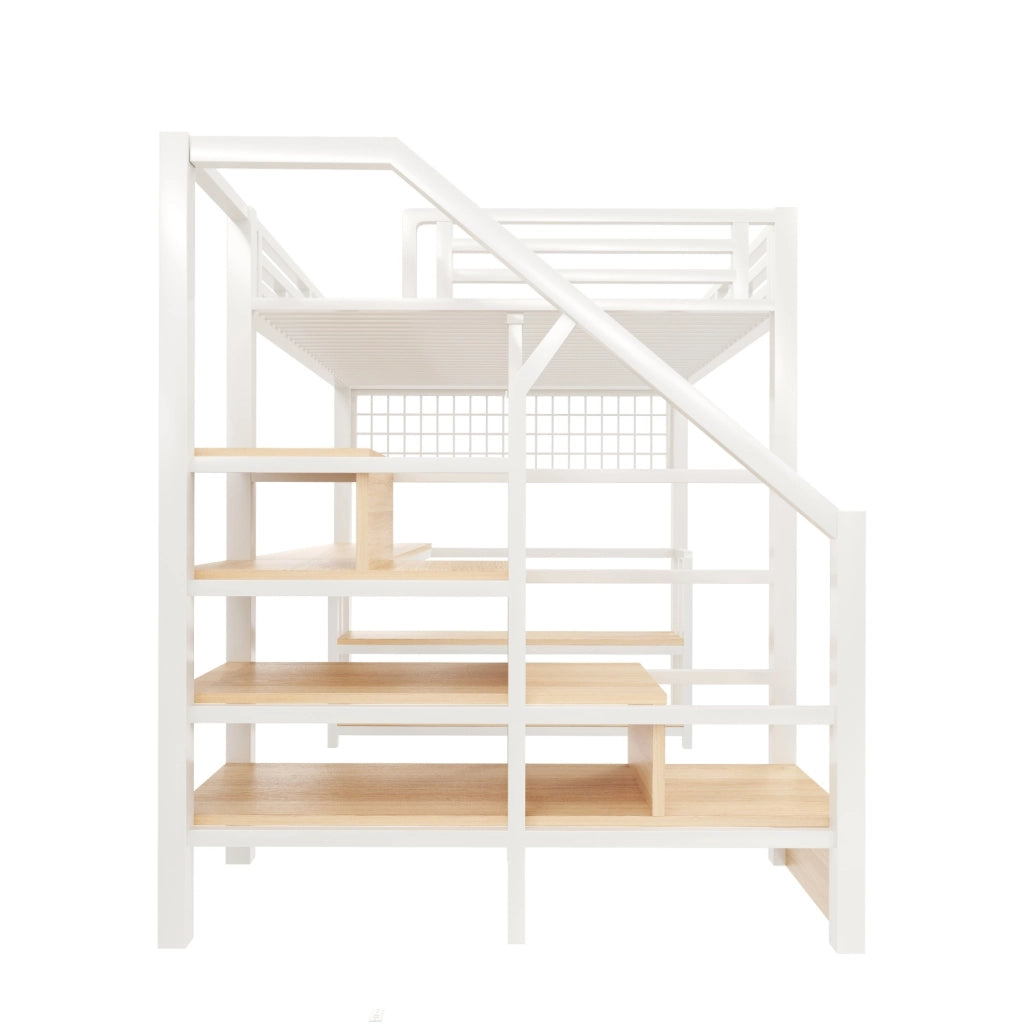 Letto a soppalco 140x200 cm bianco con scrivania, LED e ricarica USB