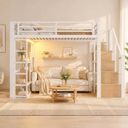 Letto a soppalco 140x200 cm con LED e scaletta contenitore in metallo e MDF bianco