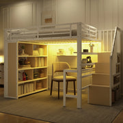 Letto a soppalco 140x200 cm con struttura in ferro, scrivania, mensole, LED integrato e scale con vano portaoggetti, bianco