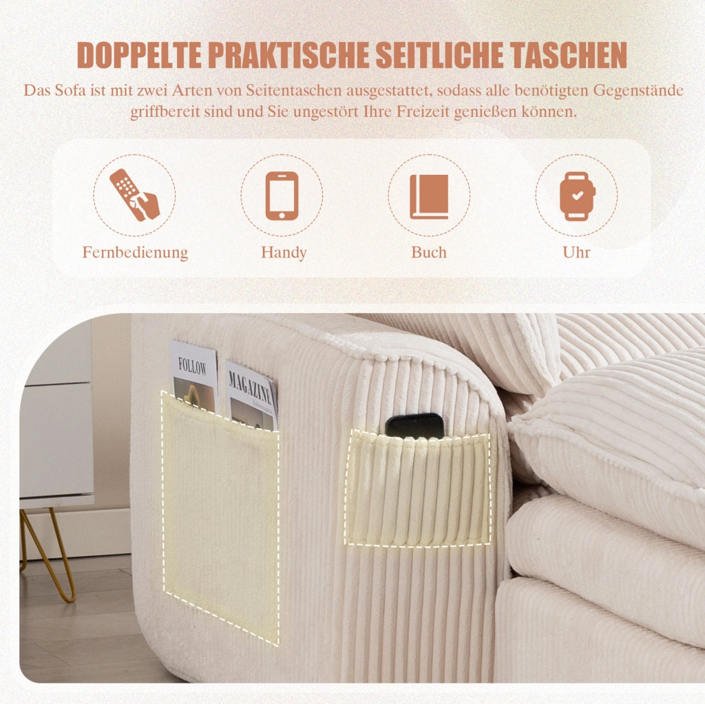 Divano modulare 4 posti in velluto a coste beige 335 cm con pouf e tasche laterali