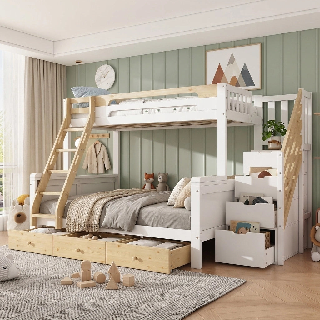Letto a castello 90x200 e 140x200 cm in pino e MDF; bianco e naturale; con scala contenitore e 3 cassetti per cameretta