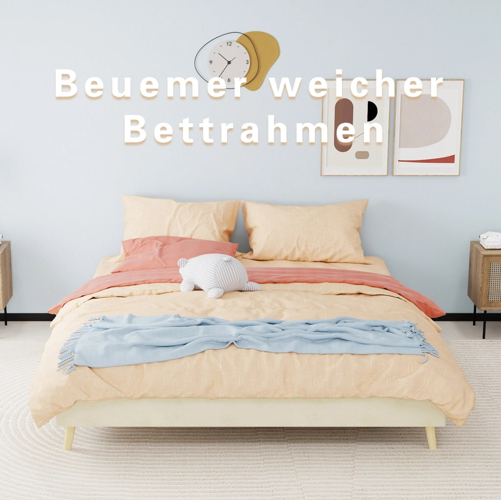 Struttura letto 160x200 cm beige in tessuto e metallo con testiera geometrica