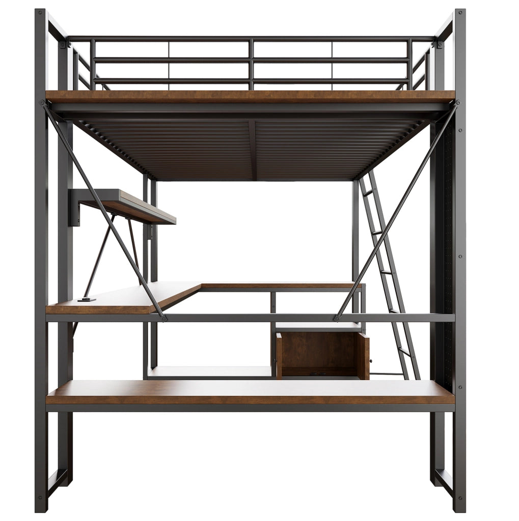 Letto a soppalco 140x200 cm in metallo con scrivania integrata, LED, ripiani, USB, nero