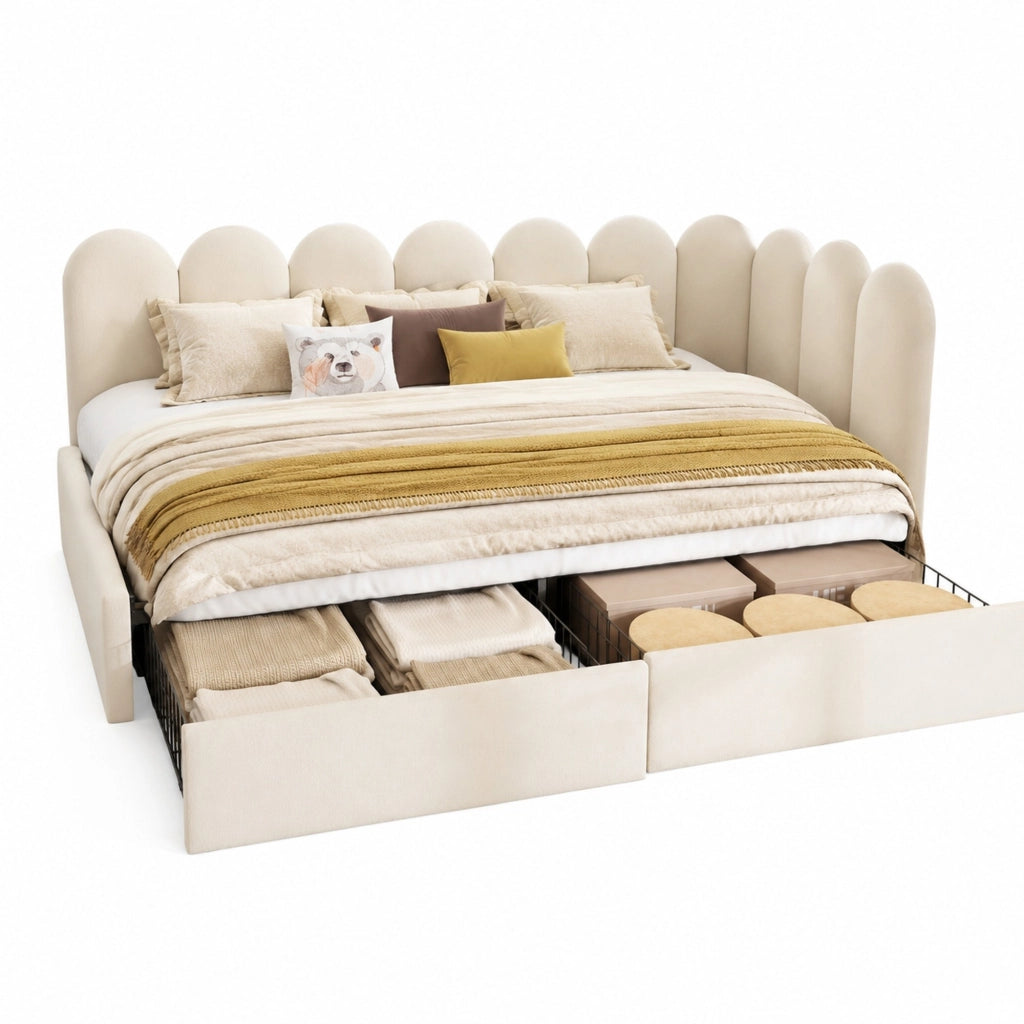 Letto singolo imbottito 90 ¡Á 200 cm con due cassetti in velluto beige con rete a doghe e lati intercambiabili