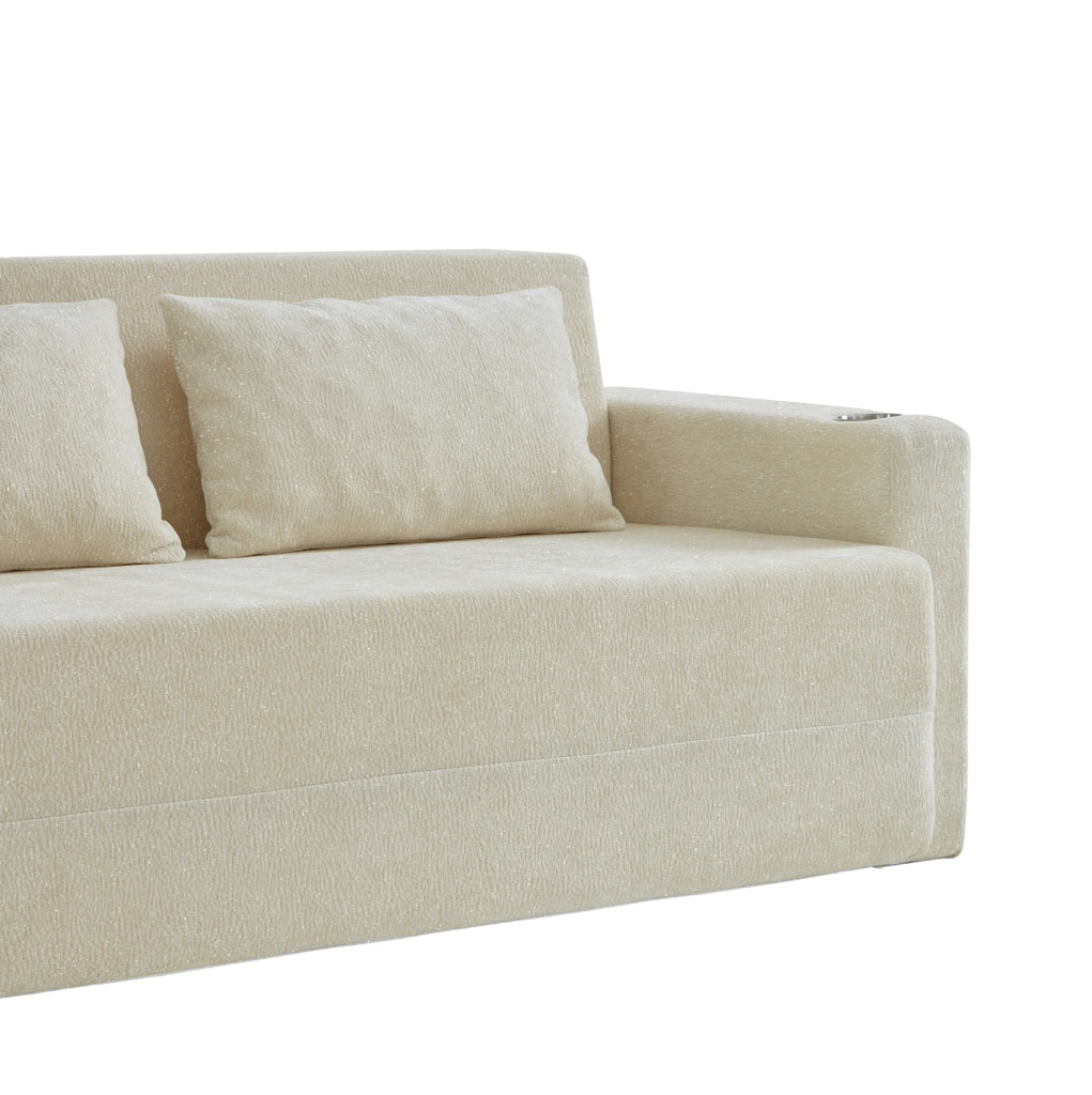 Divano letto 2 posti pieghevole 2 in 1 in ciniglia beige con porte USB HOMVRA