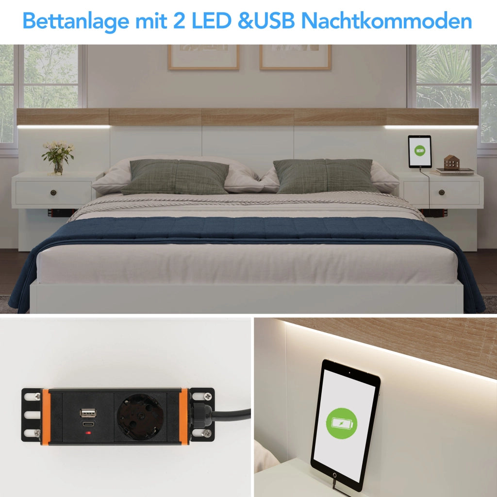 Letto matrimoniale 160 × 200 cm con 2 comodini LED rimovibili; USB e USB-C; rete a doghe; bianco e rovere Sonoma
