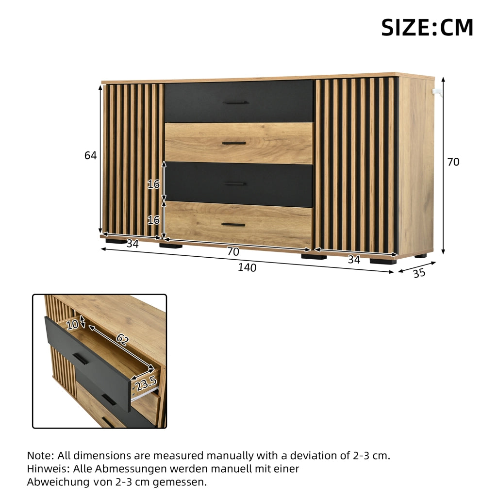 SIDEBOARD 140x35x70 cm in MDF nero e effetto rovere con 4 cassetti e 2 ante