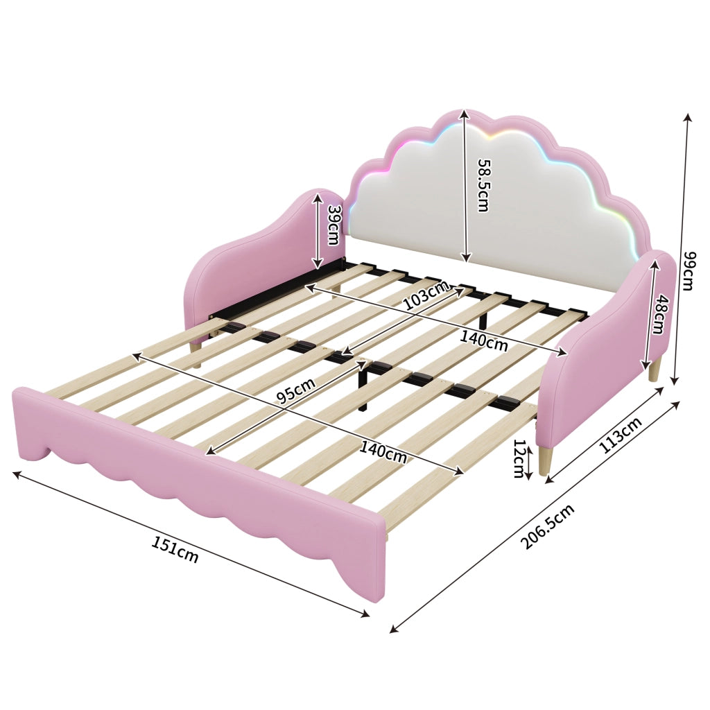 Letto matrimoniale 140×198 cm trasformabile in divano con LED regolabile; senza materasso; PU e MDF; rosa