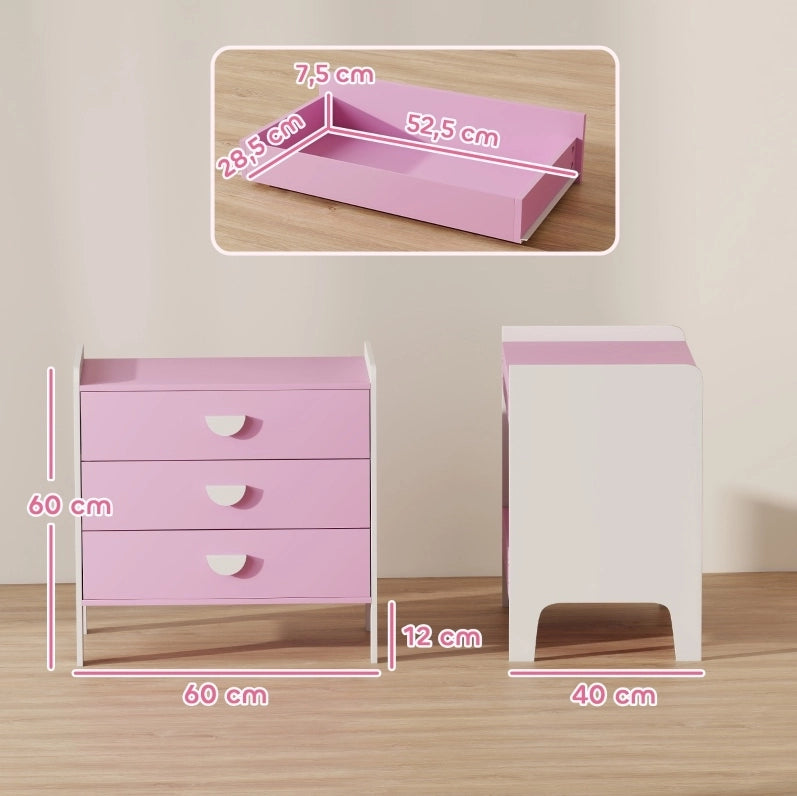 Cassettiera per bambini rosa e bianca con 3 cassetti