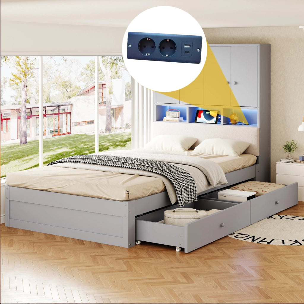 Letto singolo 90 × 200 cm con contenitore testiera imbottita luci led e presa in legno grigio
