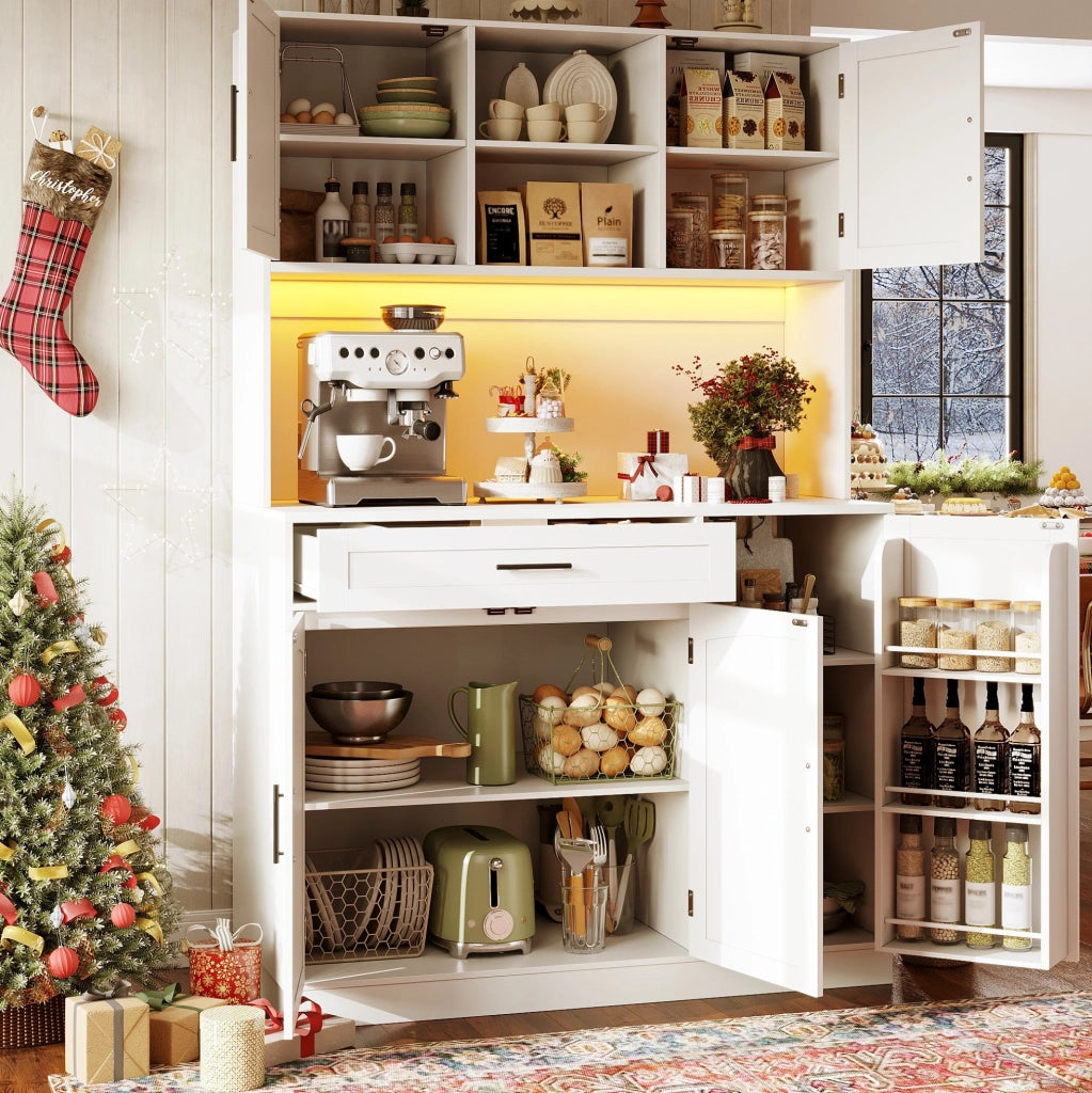 Mobile da Cucina in MDF Bianco 110x38x180 cm con LED, Prese Elettriche e 5 Ante in Stile Country