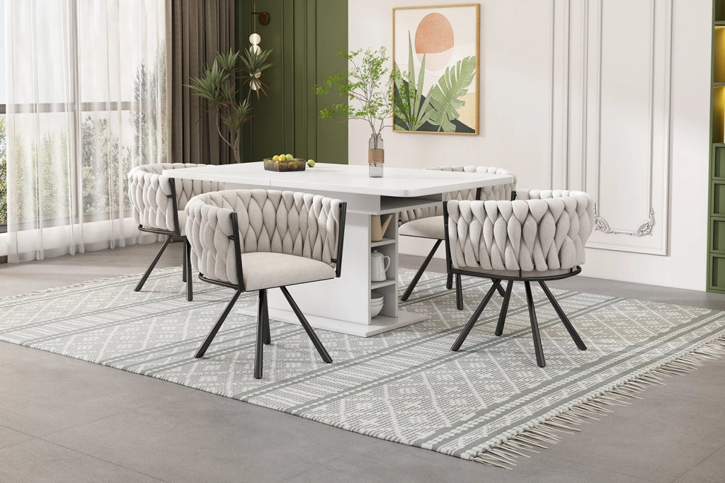 Set di 2 Sedie da Pranzo Girevoli in Lino Beige con Struttura in Metallo