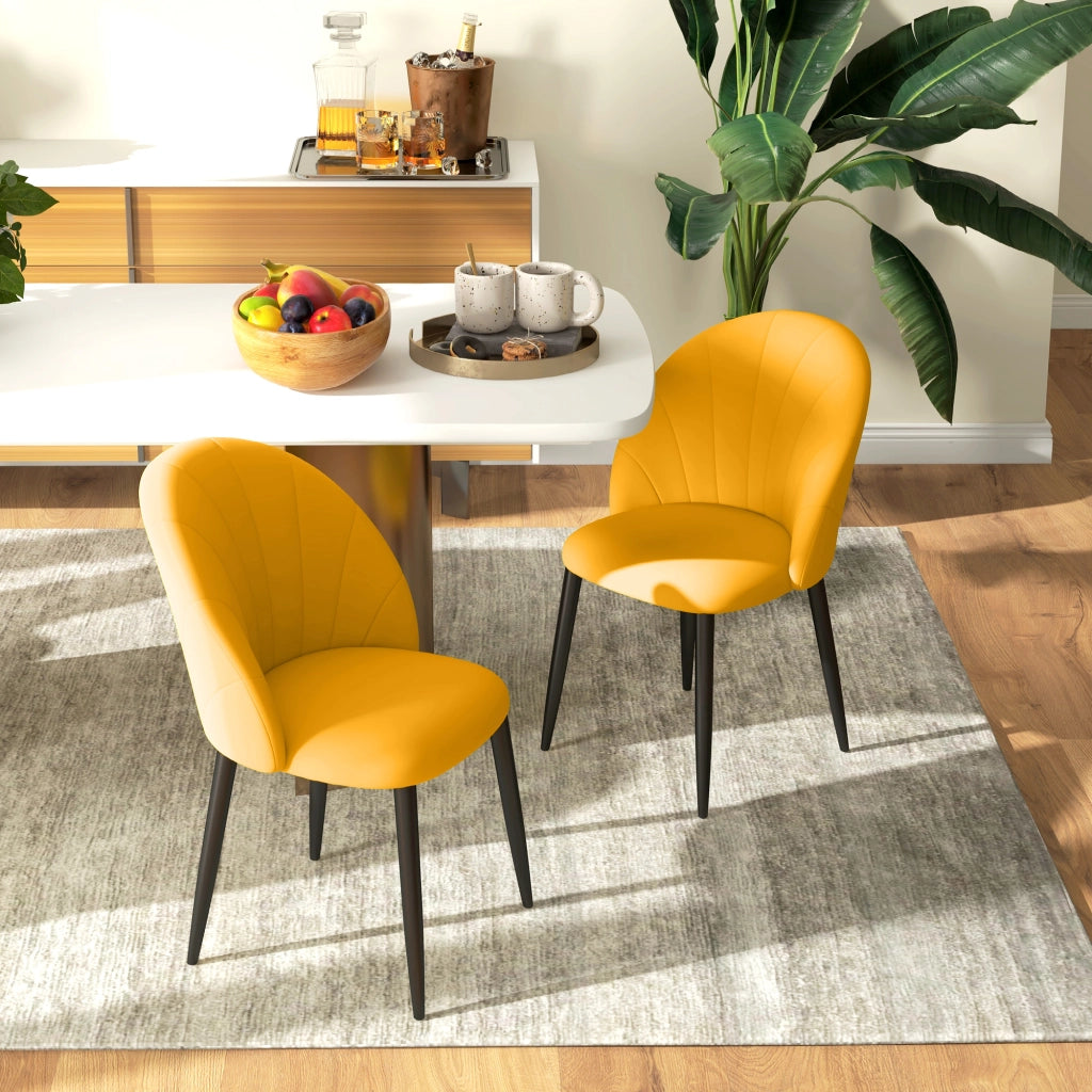 Set di 2 Sedie da Pranzo Moderne in Velluto Giallo con Gambe in Metallo e Schienale a Conchiglia Ergonomico per Soggiorno e Cucina