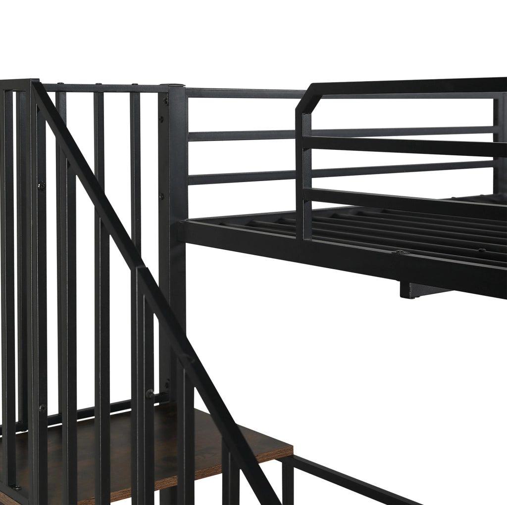 Letto a soppalco 120x200 cm con scrivania integrata e scaffale; metallo e legno; nero e noce scuro