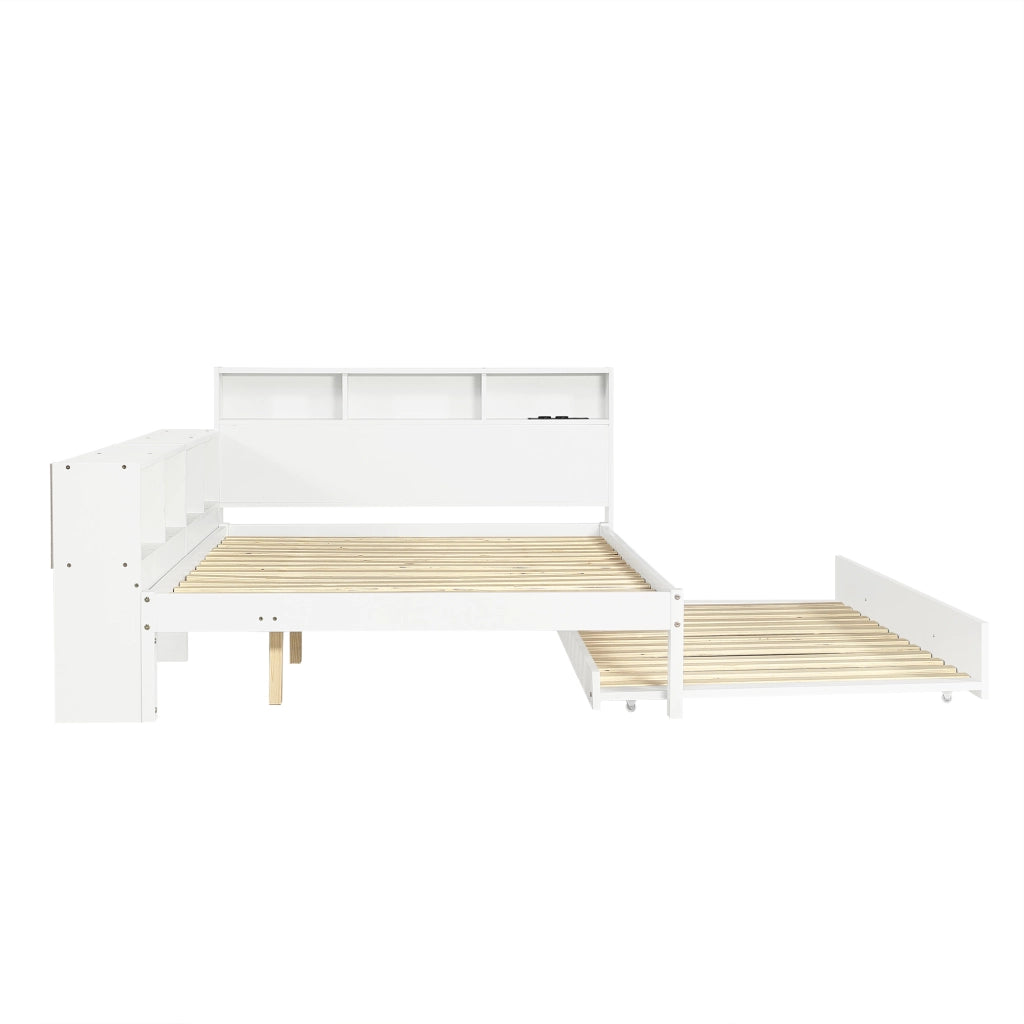 Letto 120x200 con secondo letto estraibile 90x190 in pino e MDF bianco; con scaffale e ricarica per cameretta