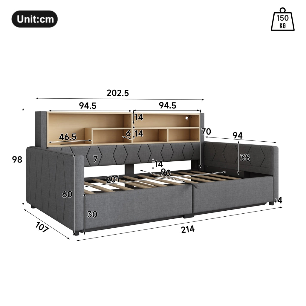 Divano Letto 90x200 cm in Lino con Contenitore Idraulico; USB-C; Presa; LED; Grigio