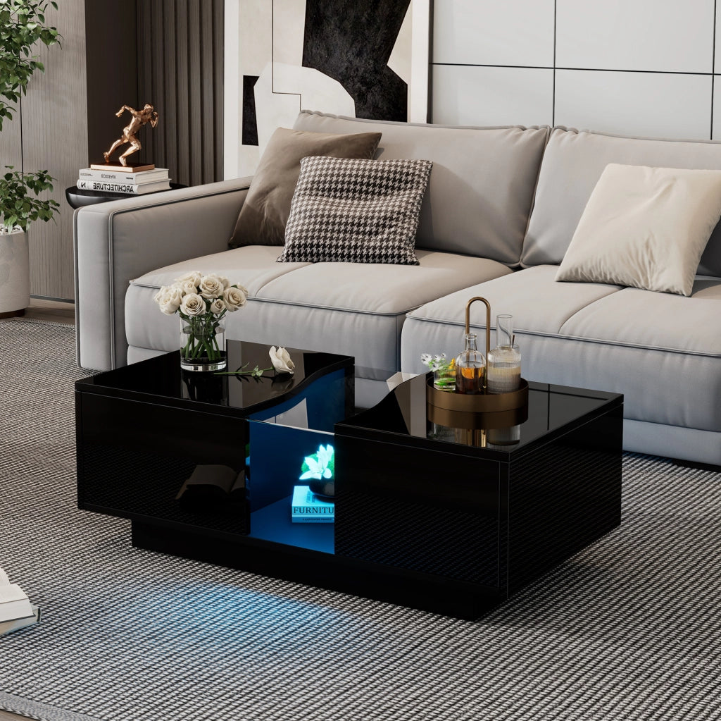 Tavolino da caff¨¨ LED 100x50x35 cm con 2 cassetti in MDF e acrilico nero