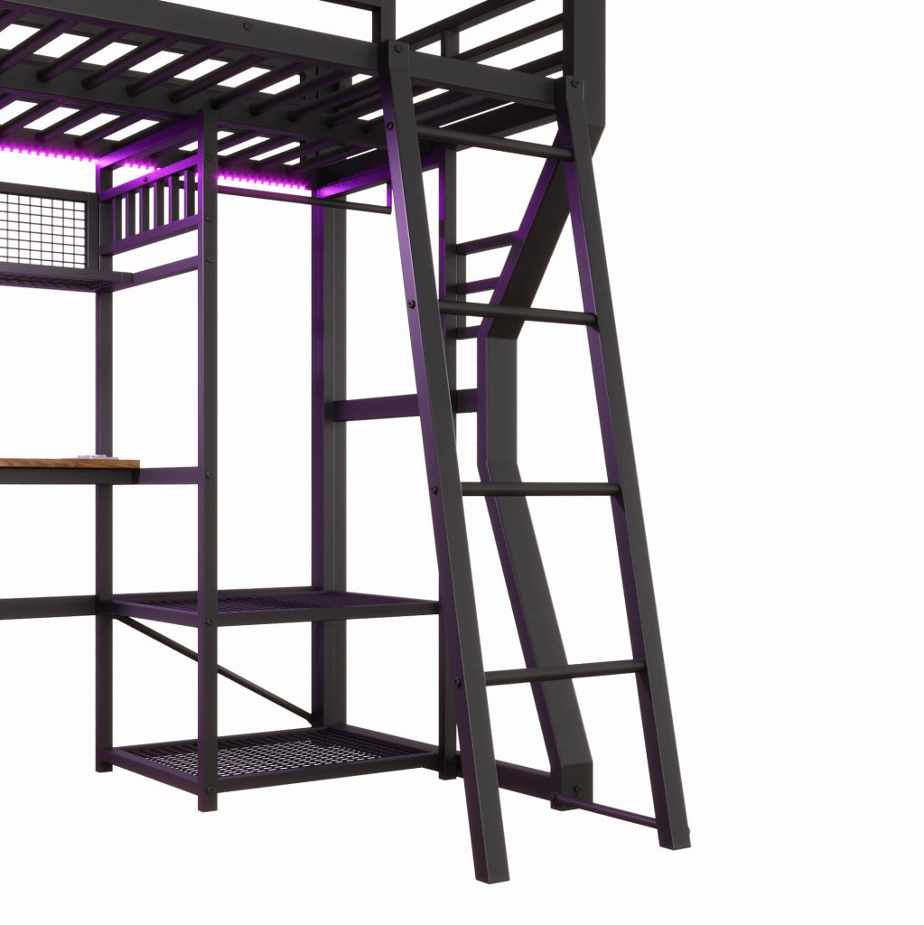 Letto a soppalco 90x200 cm con scrivania; LED; presa e appendiabiti nero HOMVRA