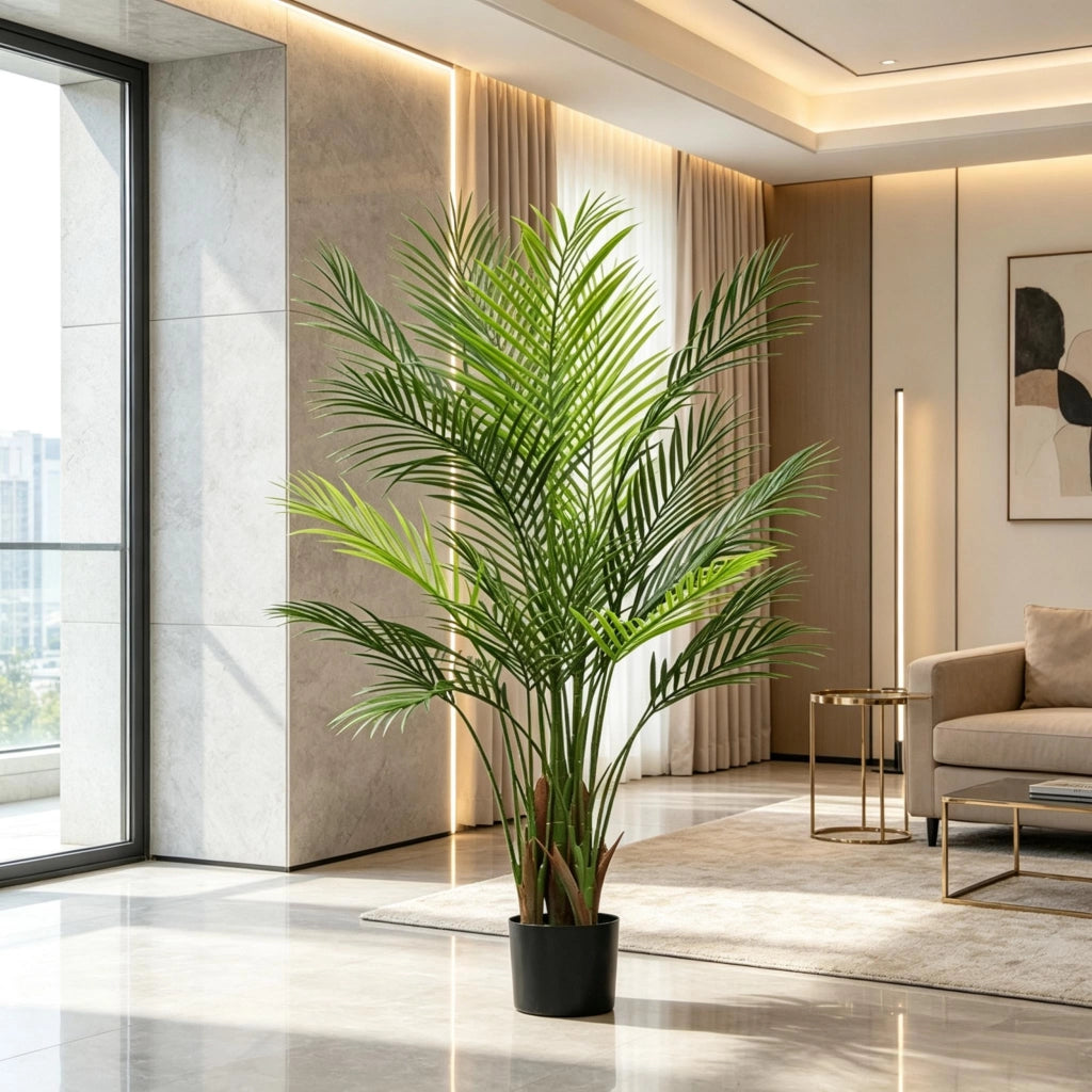 Palma artificiale areca con 22 foglie in plastica verde vaso in tessuto con base in cemento altezza 120 cm
