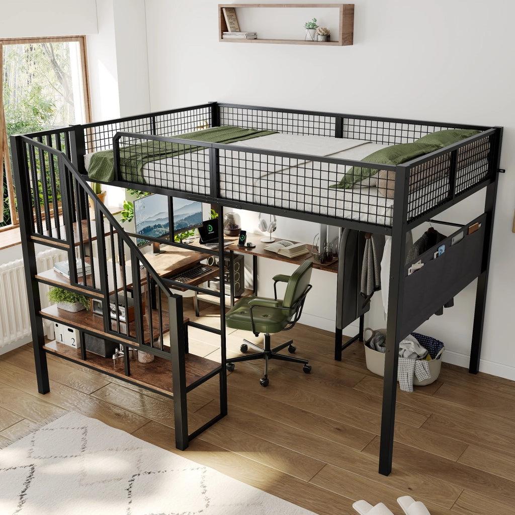 Letto a soppalco 140 x 200 cm in metallo nero con scrivania a L e scala a gradini per cameretta