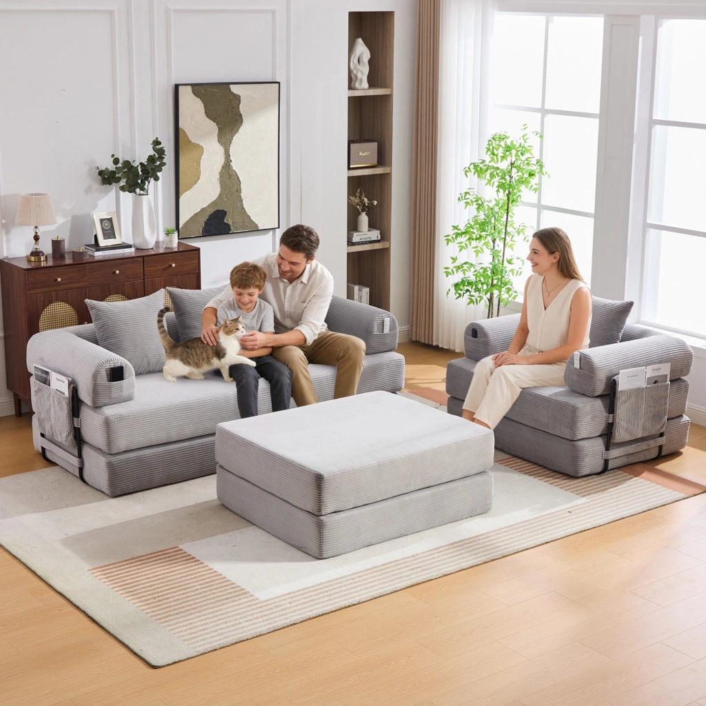 Divano modulare in corduroy con pouf; grigio chiaro