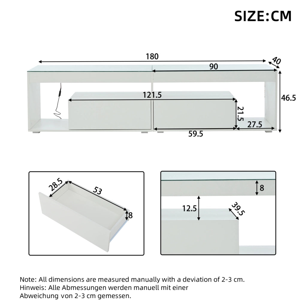 Mobile TV LED 180x40x46 cm con 2 cassetti e ripiani in vetro temperato bianco HOMVRA