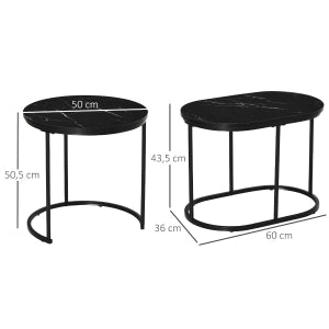Set di 2 tavolini da caffè rotondo e ovale impilabili in MDF e acciaio effetto marmo colore nero