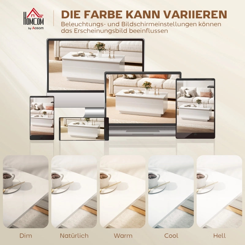Tavolino basso alzabile con vano nascosto e 2 cassetti in legno e metallo bianco lucido 102 × 48 × 40 cm