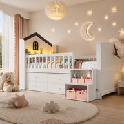 Letto a soppalco per bambini 90x200 cm, con forma casetta, 4 cassetti, LED integrato, scala con ripiani, bianco, senza materasso