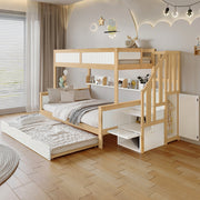 Letto a castello per bambini a tre posti in pino e MDF; con scala contenitore; armadio laterale; bianco e legno naturale