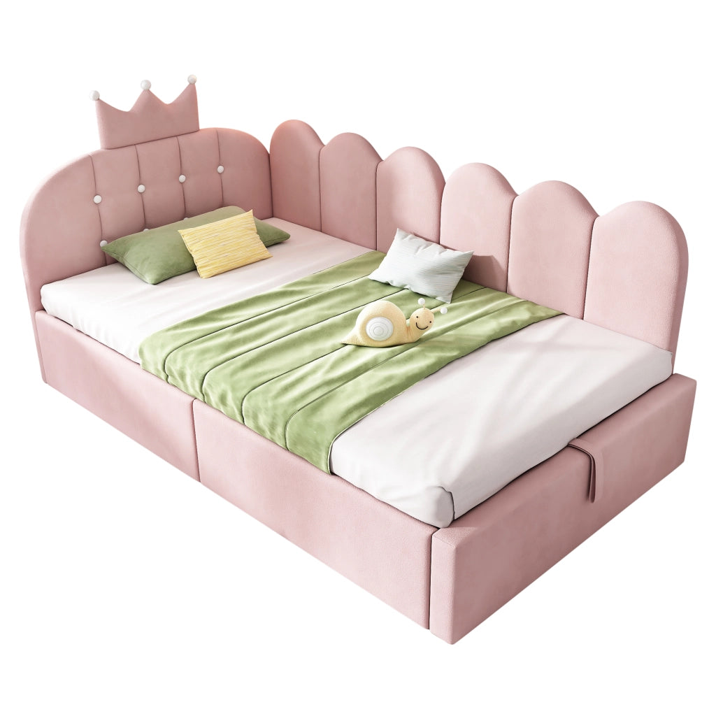 Letto singolo a divano 90 × 200 cm con contenitore idraulico in velluto rosa design corona e griglia