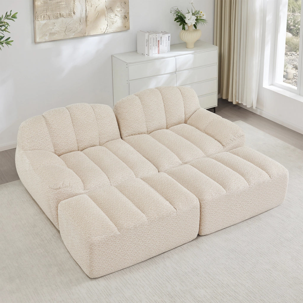 Divano modulare 2 posti in pile riccio beige bianco con 2 pouf; schiuma 32D e base antiscivolo