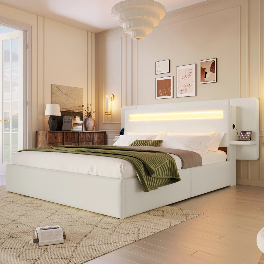 Letto con contenitore 140 × 200 cm imbottito con rivestimento in lino LED multicolore comodino integrato USB beige
