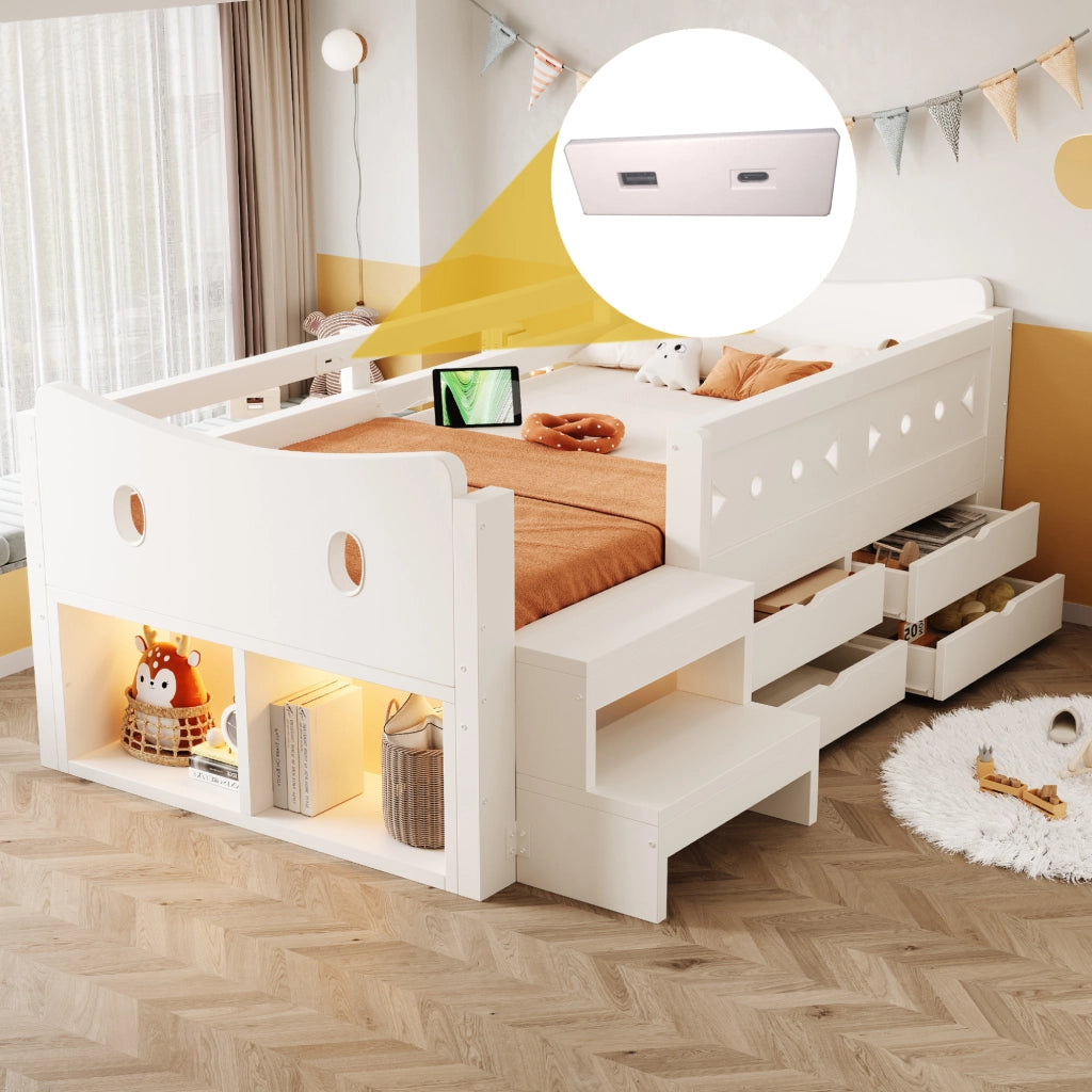 Letto con cassetti 90 × 200 cm con gradini laterali; barriere di protezione; LED; USB e porta Type-C in legno bianco