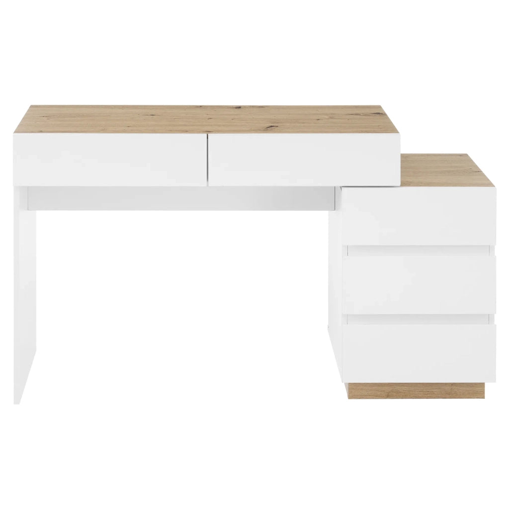 Scrivania con 5 cassetti, tavolo da trucco, funzione contenitore, per camera da letto, truciolato E1, bianco+quercia
