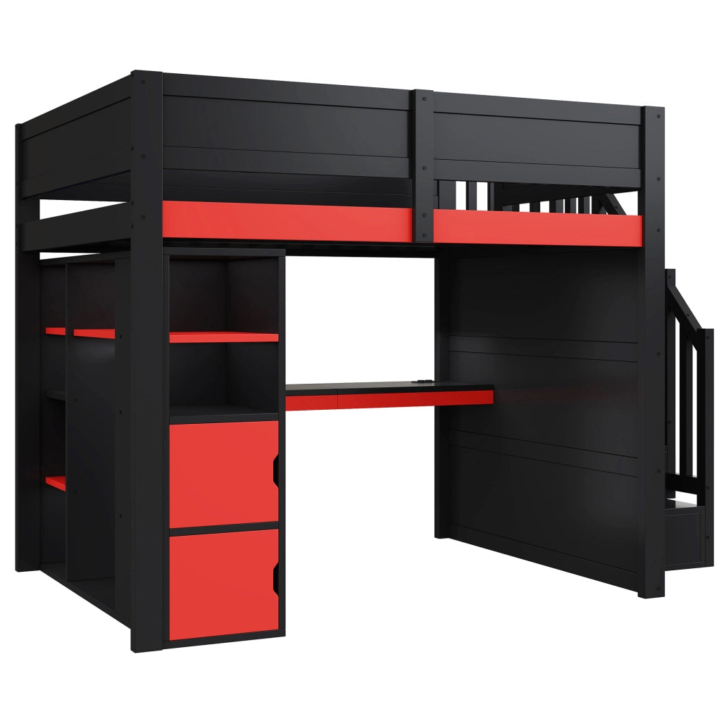 Letto a soppalco 140x200 cm con scrivania, LED e USB in MDF e compensato nero e rosso