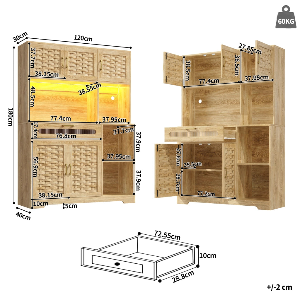 Credenza con ante in vetro intrecciato LED controllabile via app MDF naturale 120 × 40 × 180 cm